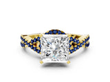 Yellow gold Princess Cut Diamond with Blue Sapphire side stone Halo Twist Band Solitaire Prong Setting Ring_36