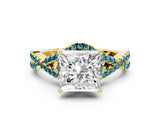 Yellow gold Princess Cut Diamond with Blue Topaz side stone Halo Twist Band Solitaire Prong Setting Ring_24