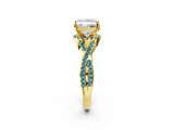 Yellow gold Princess Cut Diamond with Blue Topaz side stone Halo Twist Band Solitaire Prong Setting Ring_26
