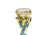 Yellow gold Princess Cut Diamond with Blue Topaz side stone Halo Twist Band Solitaire Prong Setting Ring_29