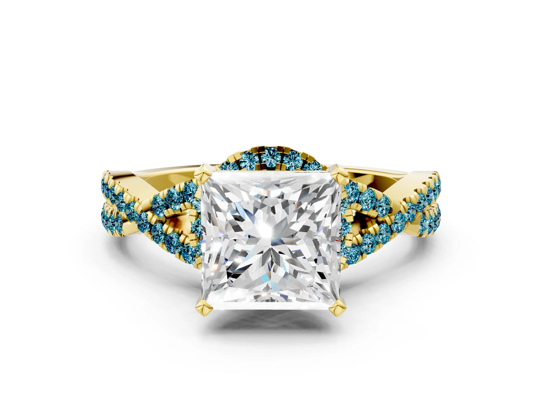 Yellow gold Princess Cut Diamond with Blue Topaz side stone Halo Twist Band Solitaire Prong Setting Ring_30