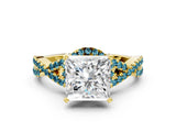 Yellow gold Princess Cut Diamond with Blue Topaz side stone Halo Twist Band Solitaire Prong Setting Ring_30