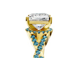 Yellow gold Princess Cut Diamond with Blue Topaz side stone Halo Twist Band Solitaire Prong Setting Ring_35
