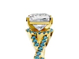 Yellow gold Princess Cut Diamond with Blue Topaz side stone Halo Twist Band Solitaire Prong Setting Ring_47