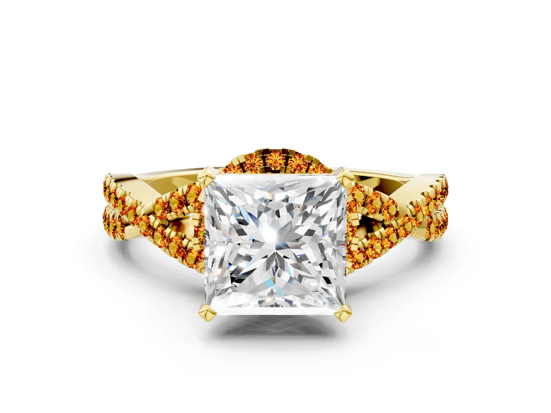 Yellow gold Princess Cut Diamond with Citrine side stone Halo Twist Band Solitaire Prong Setting Ring_30