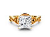 Yellow gold Princess Cut Diamond with Citrine side stone Halo Twist Band Solitaire Prong Setting Ring_30