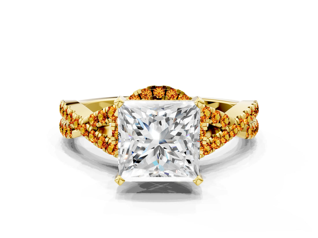 Yellow gold Princess Cut Diamond with Citrine side stone Halo Twist Band Solitaire Prong Setting Ring_42