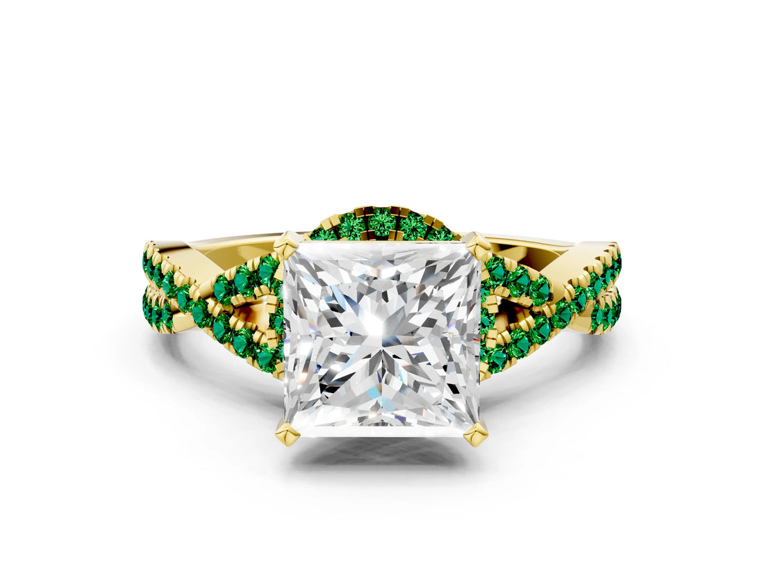 Yellow gold Princess Cut Diamond with Emerald side stone Halo Twist Band Solitaire Prong Setting Ring_12