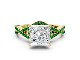 Yellow gold Princess Cut Diamond with Emerald side stone Halo Twist Band Solitaire Prong Setting Ring_12