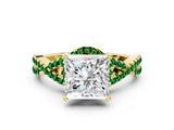 Yellow gold Princess Cut Diamond with Emerald side stone Halo Twist Band Solitaire Prong Setting Ring_24