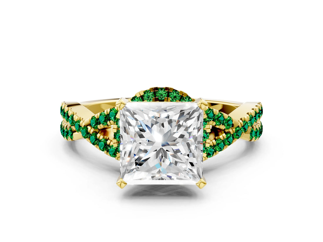 Yellow gold Princess Cut Diamond with Emerald side stone Halo Twist Band Solitaire Prong Setting Ring_30