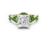 Yellow gold Princess Cut Diamond with Emerald side stone Halo Twist Band Solitaire Prong Setting Ring_30