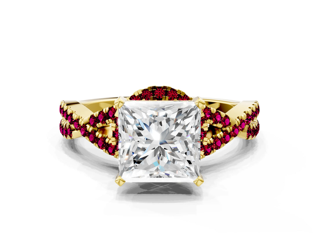 Yellow gold Princess Cut Diamond with Garnet side stone Halo Twist Band Solitaire Prong Setting Ring_12