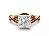 Yellow gold Princess Cut Diamond with Garnet side stone Halo Twist Band Solitaire Prong Setting Ring_12