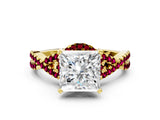 Yellow gold Princess Cut Diamond with Garnet side stone Halo Twist Band Solitaire Prong Setting Ring_24