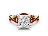 Yellow gold Princess Cut Diamond with Garnet side stone Halo Twist Band Solitaire Prong Setting Ring_30