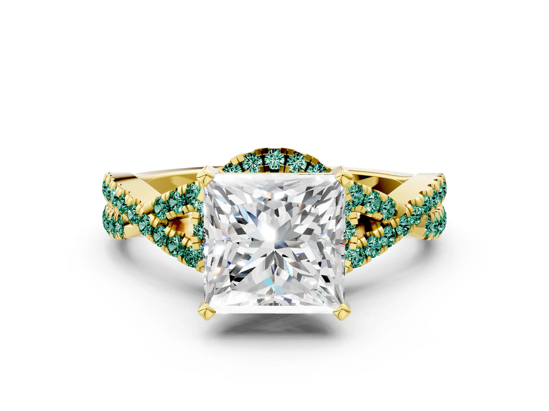 Yellow gold Princess Cut Diamond with Green Sapphire side stone Halo Twist Band Solitaire Prong Setting Ring_24