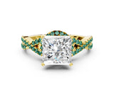 Yellow gold Princess Cut Diamond with Green Sapphire side stone Halo Twist Band Solitaire Prong Setting Ring_24