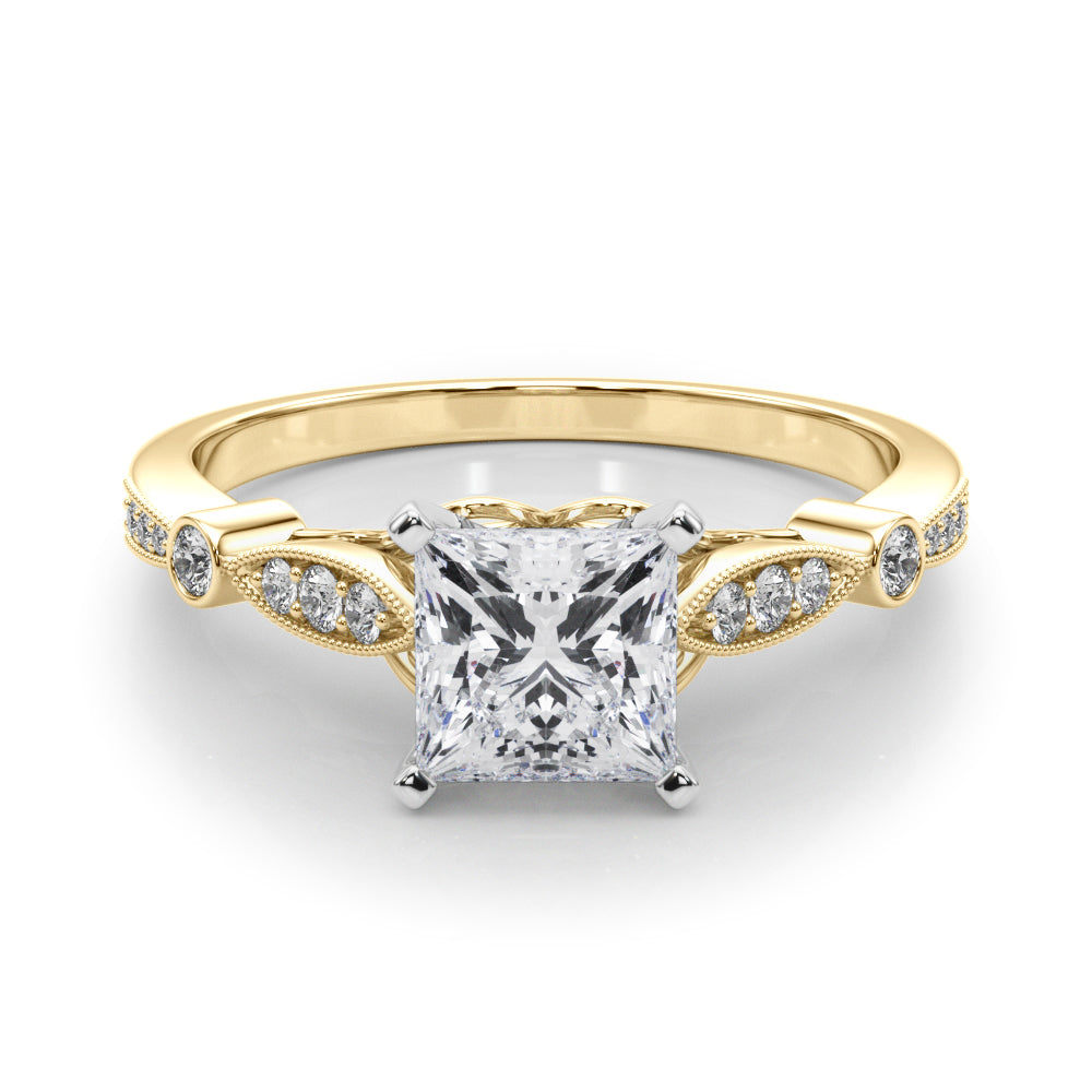 Yellow gold Princess Cut Diamond with Milgrain Marquise and Bezel Accents on a Solitaire Band with Prong Setting 1