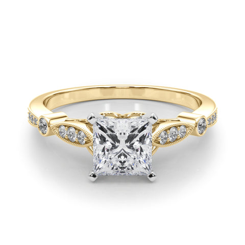 Yellow gold Princess Cut Diamond with Milgrain Marquise and Bezel Accents on a Solitaire Band with Prong Setting 1