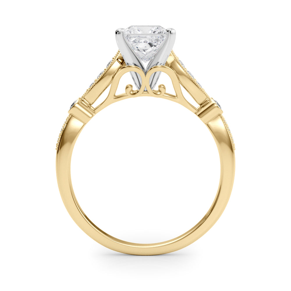 Yellow gold Princess Cut Diamond with Milgrain Marquise and Bezel Accents on a Solitaire Band with Prong Setting 2