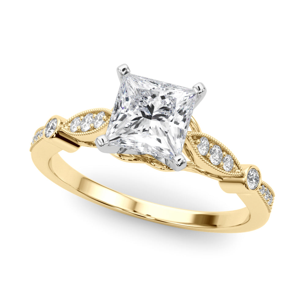 Yellow gold Princess Cut Diamond with Milgrain Marquise and Bezel Accents on a Solitaire Band with Prong Setting