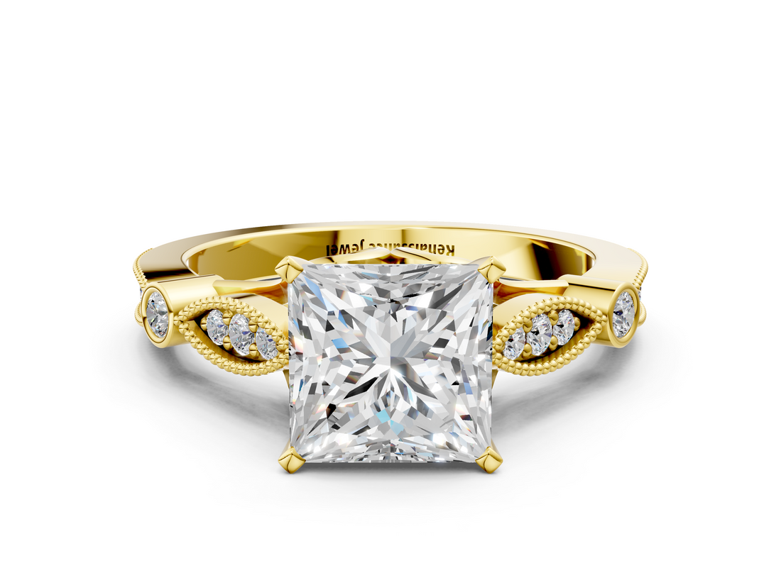 Yellow gold Princess Cut Diamond with Milgrain Marquise and Bezel Accents on a Solitaire Band with Prong Setting_211