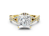 Yellow gold Princess Cut Diamond with Moissanite side stone Halo Twist Band Solitaire Prong Setting Ring_12