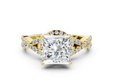Yellow gold Princess Cut Diamond with Moissanite side stone Halo Twist Band Solitaire Prong Setting Ring_24
