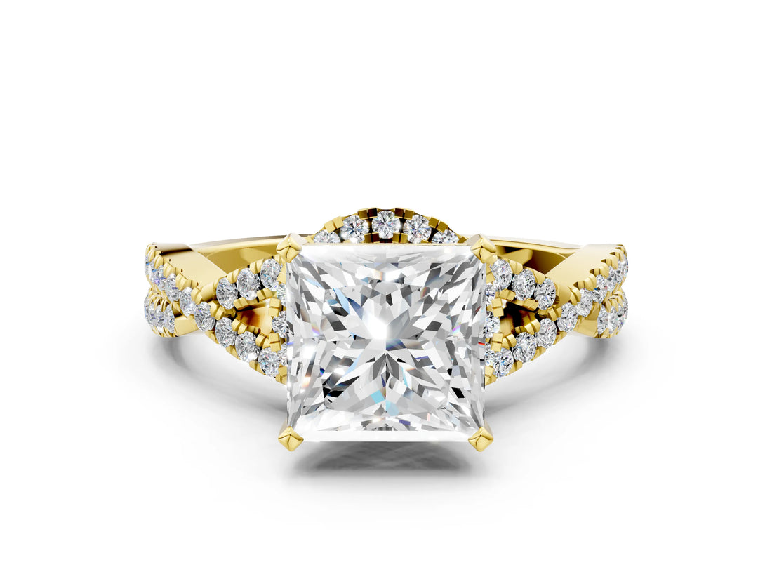 Yellow gold Princess Cut Diamond with Moissanite side stone Halo Twist Band Solitaire Prong Setting Ring_30