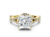 Yellow gold Princess Cut Diamond with Moissanite side stone Halo Twist Band Solitaire Prong Setting Ring_30