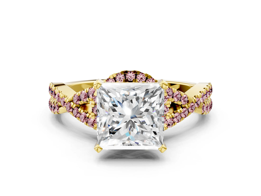 Yellow gold Princess Cut Diamond with Morganite side stone Halo Twist Band Solitaire Prong Setting Ring_12