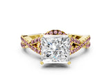 Yellow gold Princess Cut Diamond with Morganite side stone Halo Twist Band Solitaire Prong Setting Ring_12