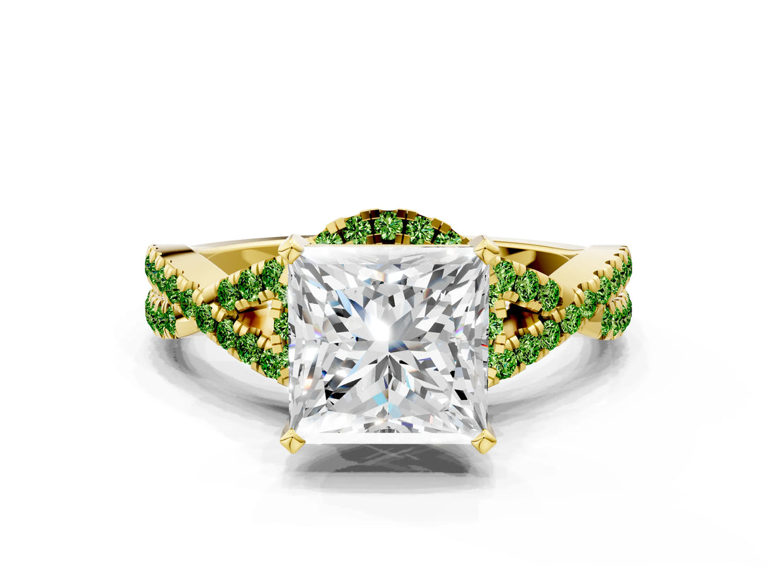 Yellow gold Princess Cut Diamond with Peridot side stone Halo Twist Band Solitaire Prong Setting Ring_12