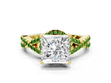 Yellow gold Princess Cut Diamond with Peridot side stone Halo Twist Band Solitaire Prong Setting Ring_12