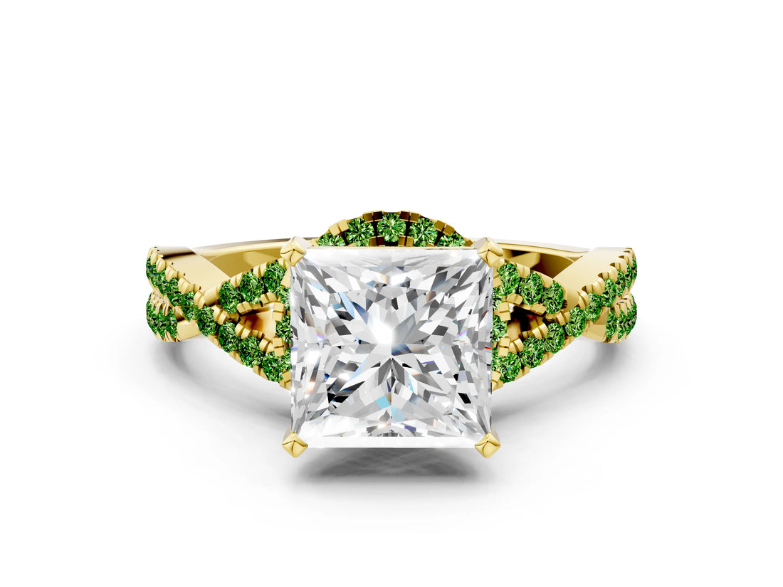 Yellow gold Princess Cut Diamond with Peridot side stone Halo Twist Band Solitaire Prong Setting Ring_24