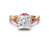 Yellow gold Princess Cut Diamond with Pink Sapphire side stone Halo Twist Band Solitaire Prong Setting Ring_24