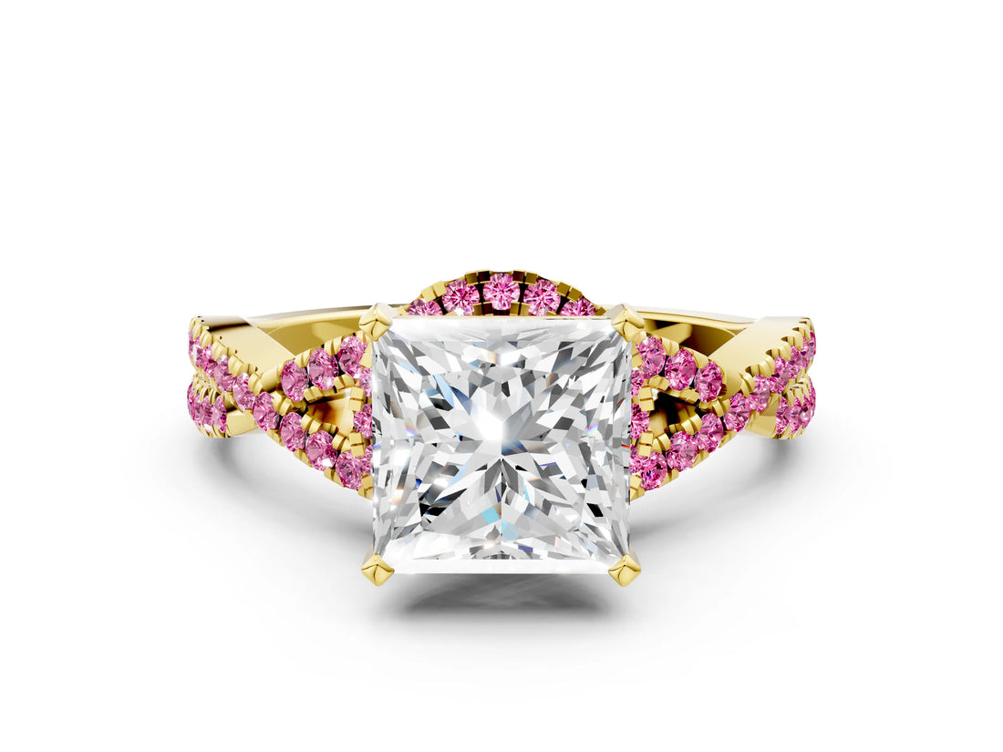 Yellow gold Princess Cut Diamond with Pink Sapphire side stone Halo Twist Band Solitaire Prong Setting Ring_30