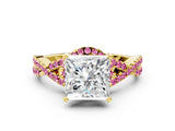 Yellow gold Princess Cut Diamond with Pink Sapphire side stone Halo Twist Band Solitaire Prong Setting Ring_30