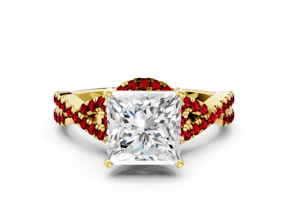 Yellow gold Princess Cut Diamond with Ruby side stone Halo Twist Band Solitaire Prong Setting Ring_12