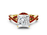 Yellow gold Princess Cut Diamond with Ruby side stone Halo Twist Band Solitaire Prong Setting Ring_12