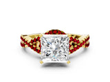 Yellow gold Princess Cut Diamond with Ruby side stone Halo Twist Band Solitaire Prong Setting Ring_24