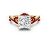 Yellow gold Princess Cut Diamond with Ruby side stone Halo Twist Band Solitaire Prong Setting Ring_30