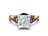 Yellow gold Princess Cut Diamond with Tanzanite side stone Halo Twist Band Solitaire Prong Setting Ring_12
