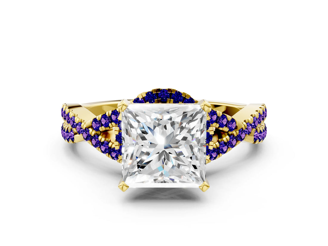 Yellow gold Princess Cut Diamond with Tanzanite side stone Halo Twist Band Solitaire Prong Setting Ring_24