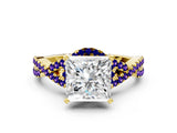 Yellow gold Princess Cut Diamond with Tanzanite side stone Halo Twist Band Solitaire Prong Setting Ring_24