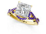 Yellow gold Princess Cut Diamond with Tanzanite side stone Halo Twist Band Solitaire Prong Setting Ring_25