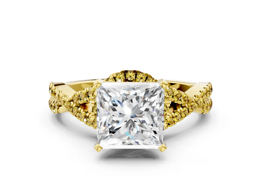 Yellow gold Princess Cut Diamond with Yellow Sapphire side stone Halo Twist Band Solitaire Prong Setting Ring_12