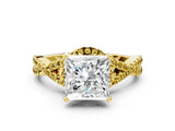 Yellow gold Princess Cut Diamond with Yellow Sapphire side stone Halo Twist Band Solitaire Prong Setting Ring_24