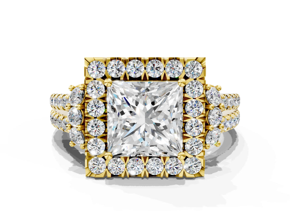 Yellow gold Princess Cut Double Halo Diamond Engagement Ring with Pave Band and Four-Prong Setting_42